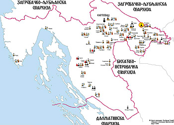 Карта Горно-Карловацкой епархии с указанием объектов СПЦ пострадавших во время войны 1991-1995 гг. 