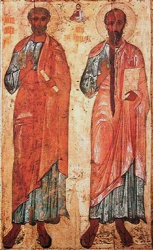 Апостолы Петр и Павел. Икона XIII в., Белозерск