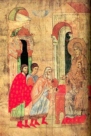 Поклонение волхвов, древнерусская миниатюра XIV в.