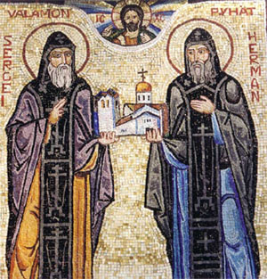 Святые Сергий и Герман Валаамские (Мозаика из монастыря Новый Валаам)