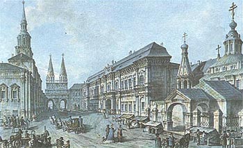 Первое здание Московского Университета на Красной площади (слева). Гравюра начала XIX века.