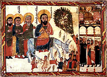 Вход Господень в Иерусалим (миниатюра из сирийской рукописи)