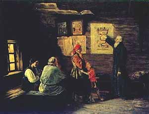 В. Пукирев. Дьячок объясняет крестьянам картину Страшного Суда. 1868 