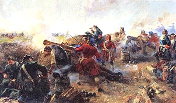 Артиллерия в Полтавском сражении. Худ. А. Семенов, А.Соколов. 1709 г.