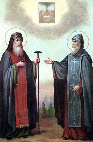 Преподобные игумен Иринарх и Елеазар. Литография, 1906 г.
