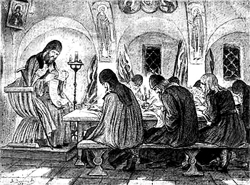 Преподобный Дионисий диктует инокам свою грамоту. Гравюра с картины В.М. Васнецова. 1911