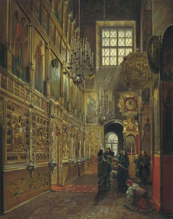 Внутренний вид Алексеевской церкви Чудова монастыря в Московском Кремле (худ. Шустов, 1866)