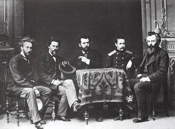 Художники-передвижники. Фото, 1870-е гг. (Слева направо - К.А. Савицкий, И.Н. Крамской, П.А. Брюллов, Н.А. Ярошенко, И.И. Шишкин)
