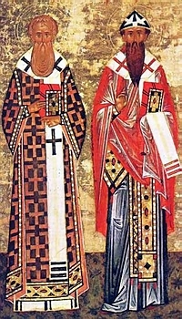 Свв. Афанасий и Кирилл Александрийские. Новгородская икона XVI в.