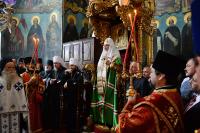 Святейший Патриарх Кирилл молился за вечерним богослужением в Пантелеимоновом монастыре на Афоне