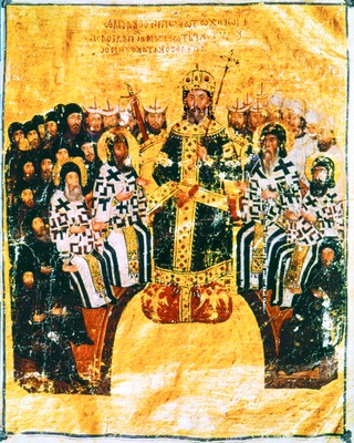 Исихастский собор 1351 г. в Константино-поле. Миниатюра из богословских сочине-ний Иоанна VI Кантакузина. 1371–1375 гг. (Paris. gr. 1242. Fol. 5v)